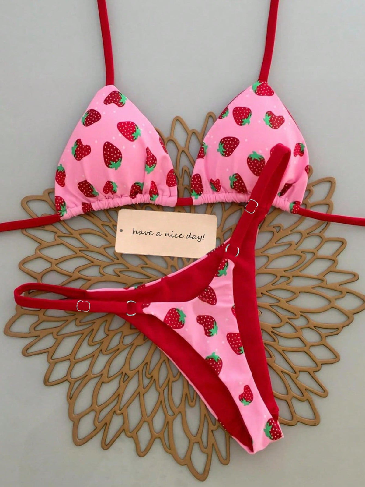 2pcs/Set Fruit Allover Print Strawberry Sexy Backless Tie Bikini Set, For Beach, Stage Performance, Summer Vacation Pink