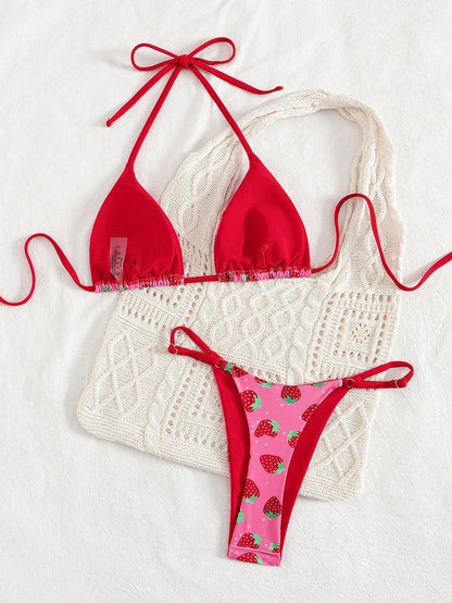 2pcs/Set Fruit Allover Print Strawberry Sexy Backless Tie Bikini Set, For Beach, Stage Performance, Summer Vacation Pink