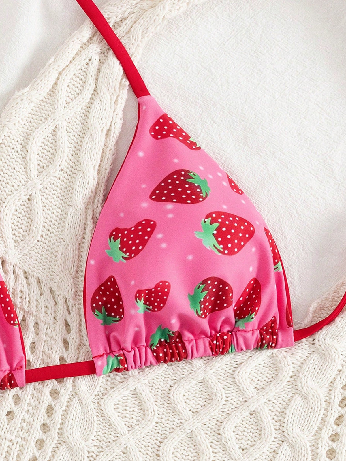 2pcs/Set Fruit Allover Print Strawberry Sexy Backless Tie Bikini Set, For Beach, Stage Performance, Summer Vacation Pink