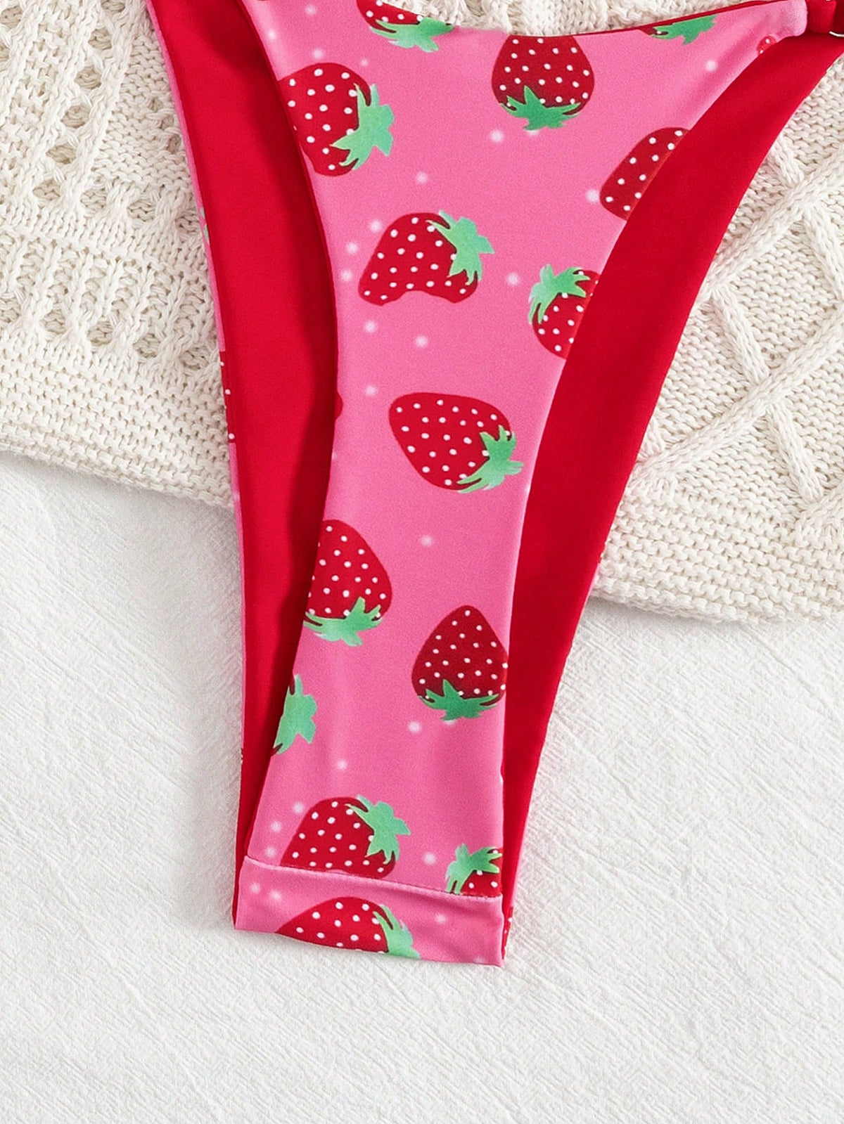 2pcs/Set Fruit Allover Print Strawberry Sexy Backless Tie Bikini Set, For Beach, Stage Performance, Summer Vacation Pink