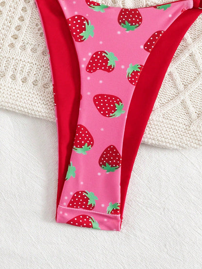 2pcs/Set Fruit Allover Print Strawberry Sexy Backless Tie Bikini Set, For Beach, Stage Performance, Summer Vacation Pink