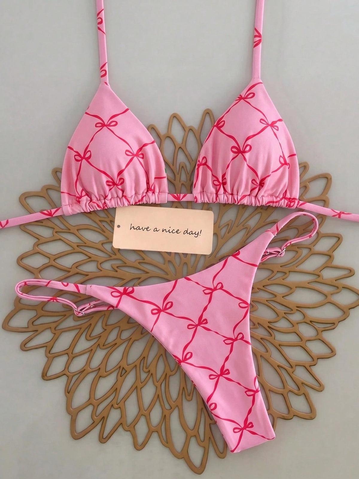 2pcs/Set Fruit Allover Print Strawberry Sexy Backless Tie Bikini Set, For Beach, Stage Performance, Summer Vacation Pink