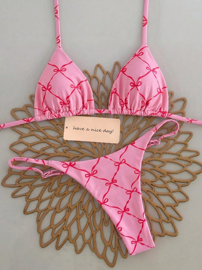 2pcs/Set Fruit Allover Print Strawberry Sexy Backless Tie Bikini Set, For Beach, Stage Performance, Summer Vacation Pink