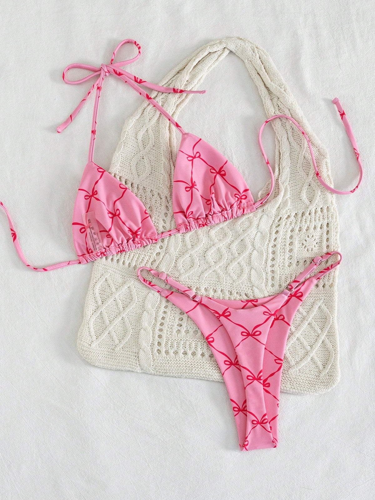 2pcs/Set Fruit Allover Print Strawberry Sexy Backless Tie Bikini Set, For Beach, Stage Performance, Summer Vacation Pink
