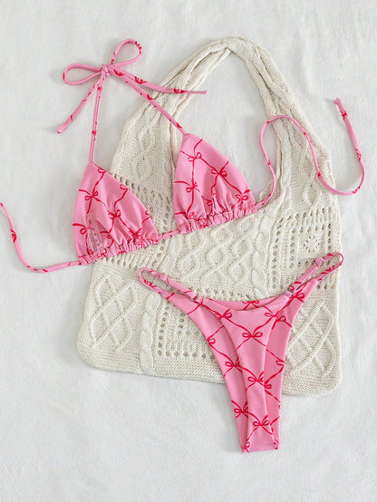 2pcs/Set Fruit Allover Print Strawberry Sexy Backless Tie Bikini Set, For Beach, Stage Performance, Summer Vacation Pink