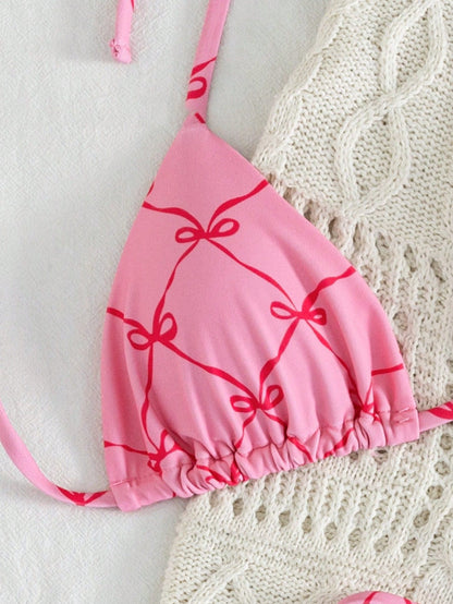 2pcs/Set Fruit Allover Print Strawberry Sexy Backless Tie Bikini Set, For Beach, Stage Performance, Summer Vacation Pink