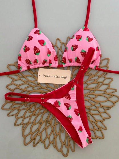 2pcs/Set Fruit Allover Print Strawberry Sexy Backless Tie Bikini Set, For Beach, Stage Performance, Summer Vacation Pink
