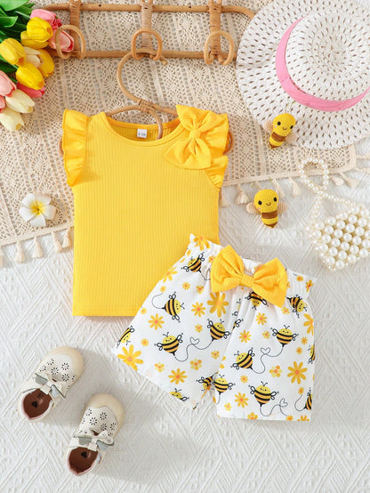 2pcs/Set Girls Summer Casual Outfit, Cap Sleeve Cute Bow Top Paired With Casual Bee Print Shorts, Toddler Baby Girl