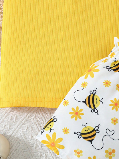 2pcs/Set Girls Summer Casual Outfit, Cap Sleeve Cute Bow Top Paired With Casual Bee Print Shorts, Toddler Baby Girl