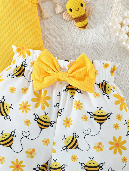 2pcs/Set Girls Summer Casual Outfit, Cap Sleeve Cute Bow Top Paired With Casual Bee Print Shorts, Toddler Baby Girl