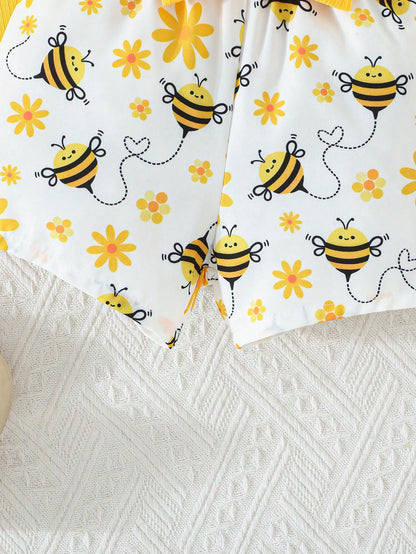 2pcs/Set Girls Summer Casual Outfit, Cap Sleeve Cute Bow Top Paired With Casual Bee Print Shorts, Toddler Baby Girl