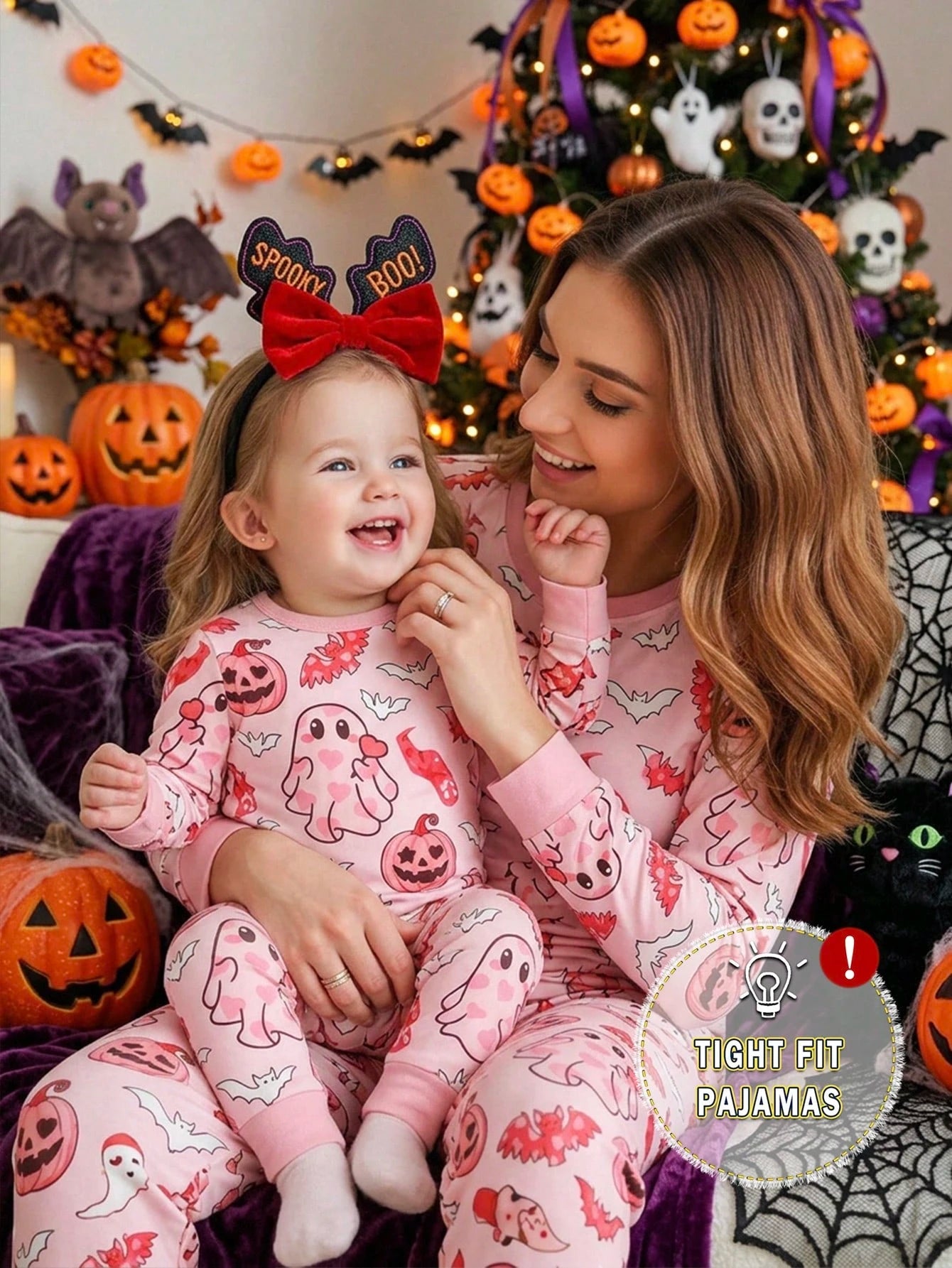 2pcs/Set Halloween Cute Ghost Bat Pumpkin Head Print Infant Girls Pajamas Pink Snug Fit Soft Stretchy Comfortable Casual Long Sleeve Pants Set