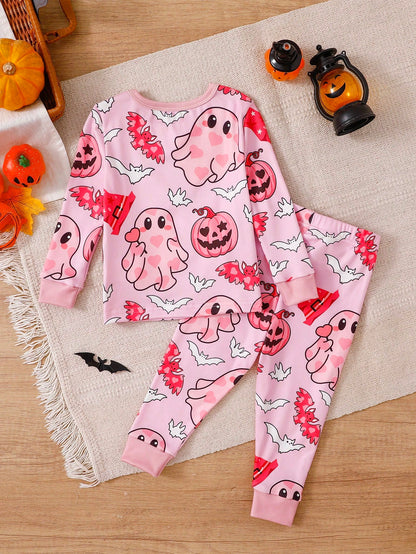 2pcs/Set Halloween Cute Ghost Bat Pumpkin Head Print Infant Girls Pajamas Pink Snug Fit Soft Stretchy Comfortable Casual Long Sleeve Pants Set