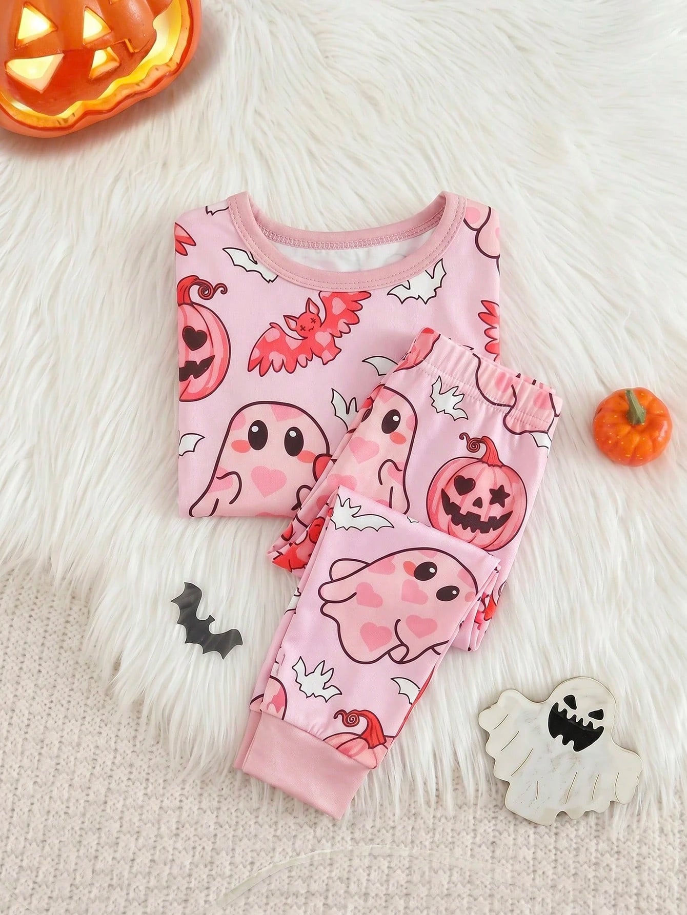 2pcs/Set Halloween Cute Ghost Bat Pumpkin Head Print Infant Girls Pajamas Pink Snug Fit Soft Stretchy Comfortable Casual Long Sleeve Pants Set