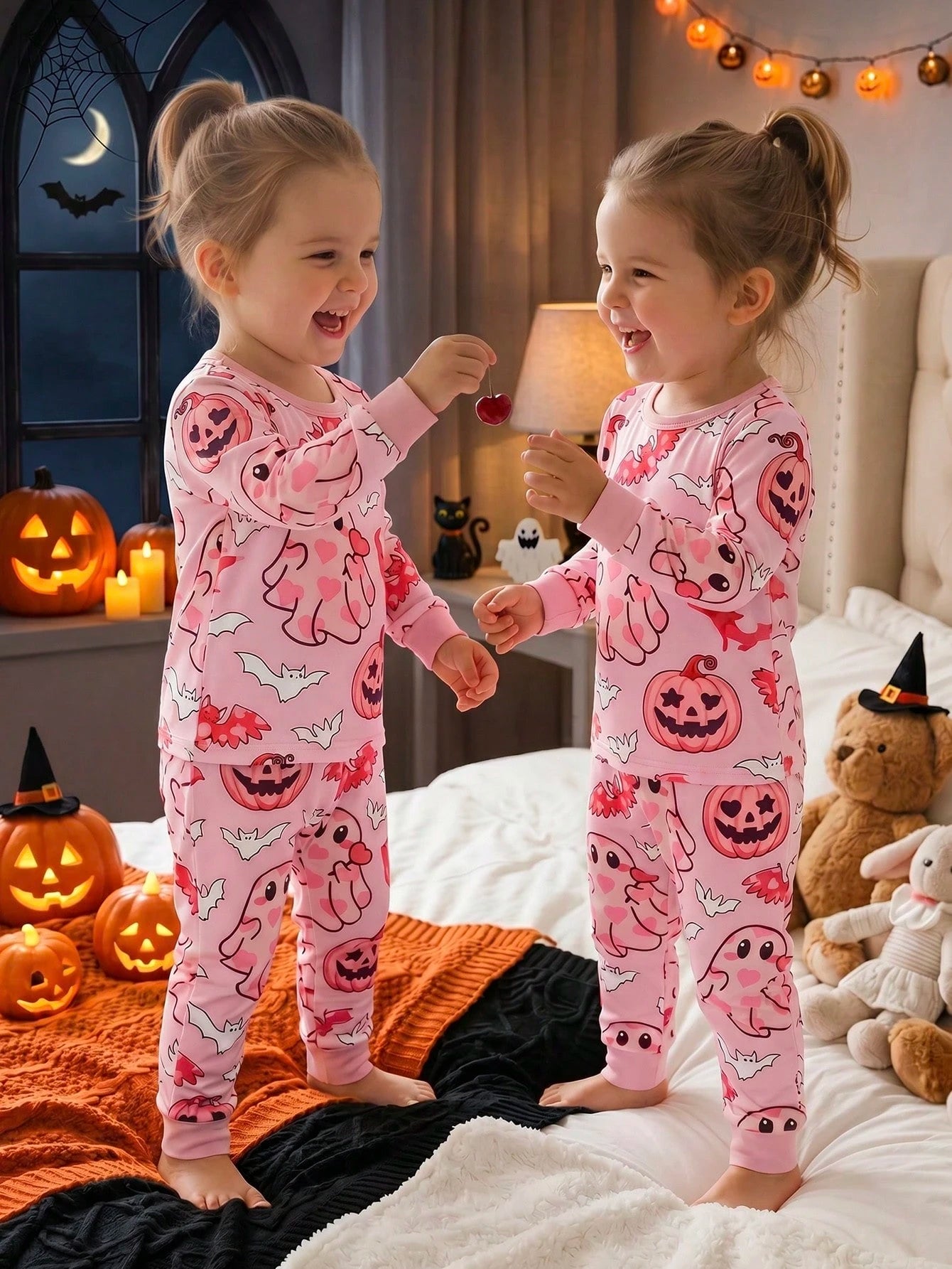 2pcs/Set Halloween Cute Ghost Bat Pumpkin Head Print Infant Girls Pajamas Pink Snug Fit Soft Stretchy Comfortable Casual Long Sleeve Pants Set