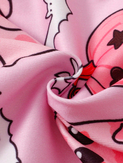 2pcs/Set Halloween Cute Ghost Bat Pumpkin Head Print Infant Girls Pajamas Pink Snug Fit Soft Stretchy Comfortable Casual Long Sleeve Pants Set