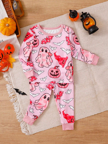 2pcs/Set Halloween Cute Ghost Bat Pumpkin Head Print Infant Girls Pajamas Pink Snug Fit Soft Stretchy Comfortable Casual Long Sleeve Pants Set
