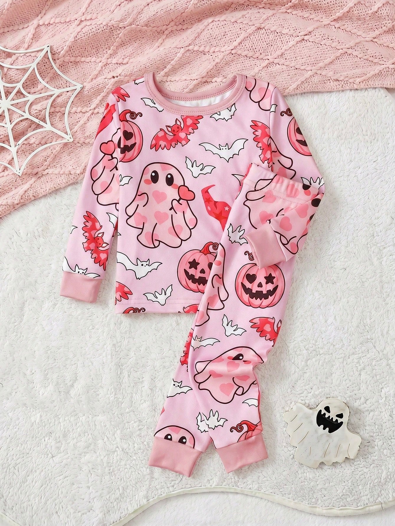 2pcs/Set Halloween Cute Ghost Bat Pumpkin Head Print Infant Girls Pajamas Pink Snug Fit Soft Stretchy Comfortable Casual Long Sleeve Pants Set