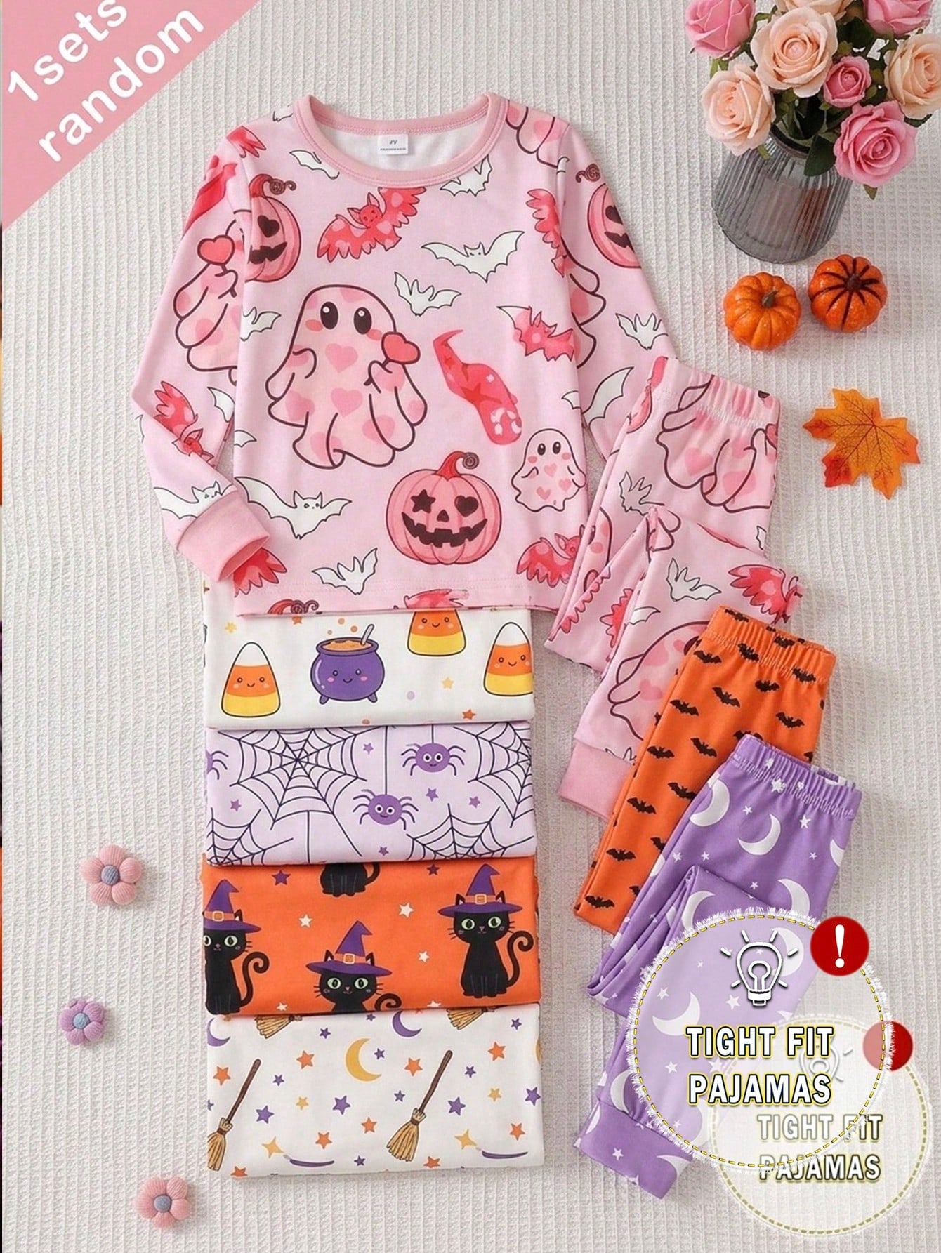 2pcs/Set Halloween Cute Ghost Bat Pumpkin Head Print Infant Girls Pajamas Pink Snug Fit Soft Stretchy Comfortable Casual Long Sleeve Pants Set