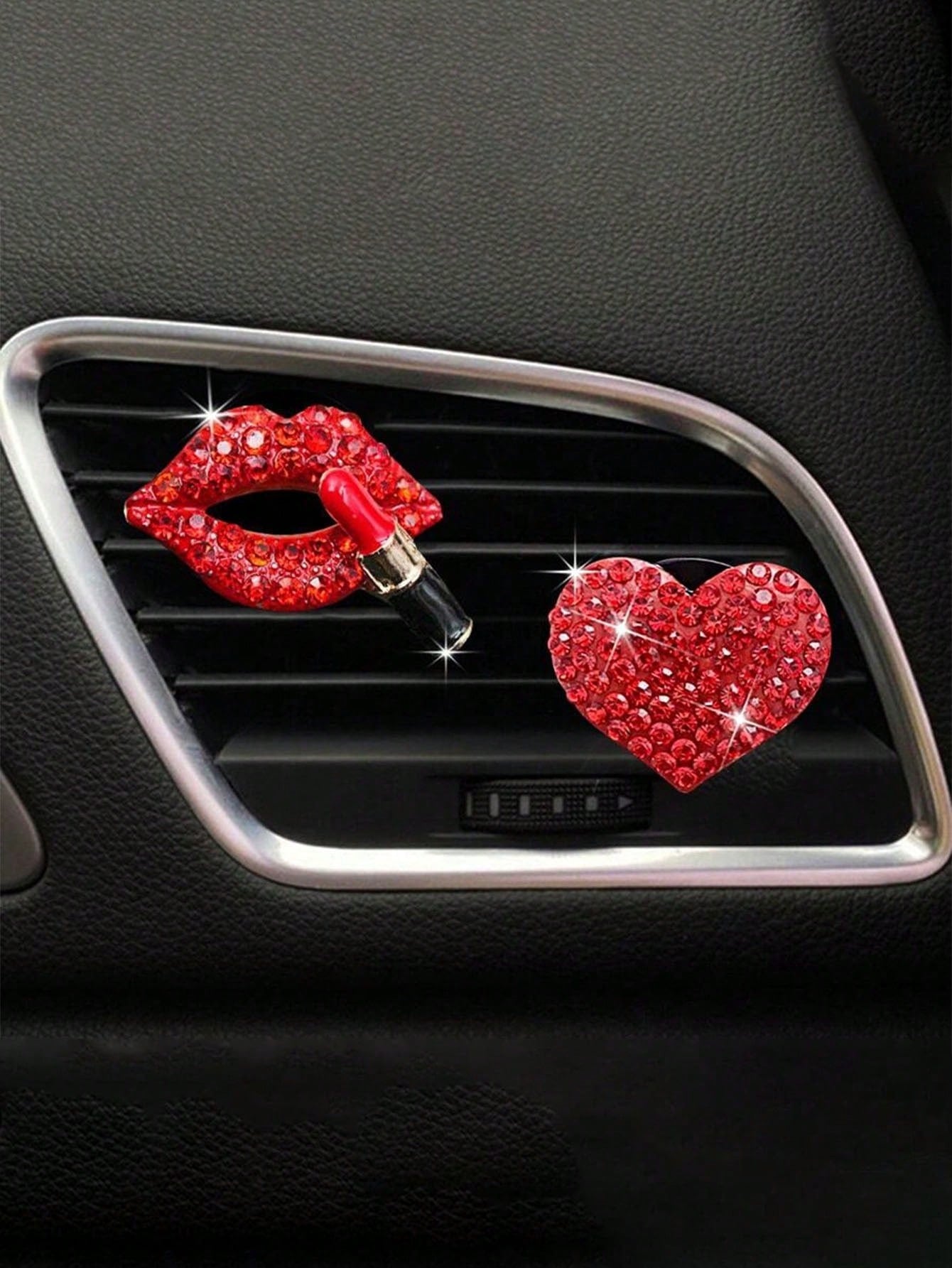 2pcs/Set Red Rhinestone Lips And Hearts Air Vent Clip For Car Decoration