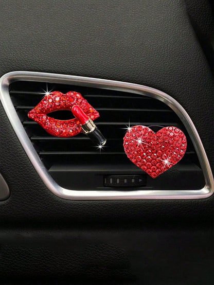 2pcs/Set Red Rhinestone Lips And Hearts Air Vent Clip For Car Decoration