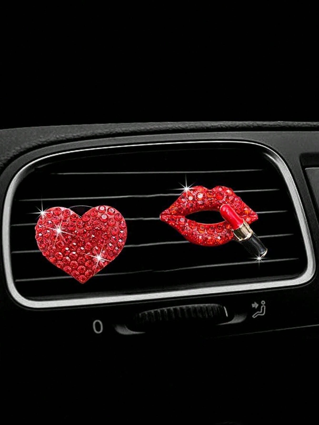 2pcs/Set Red Rhinestone Lips And Hearts Air Vent Clip For Car Decoration