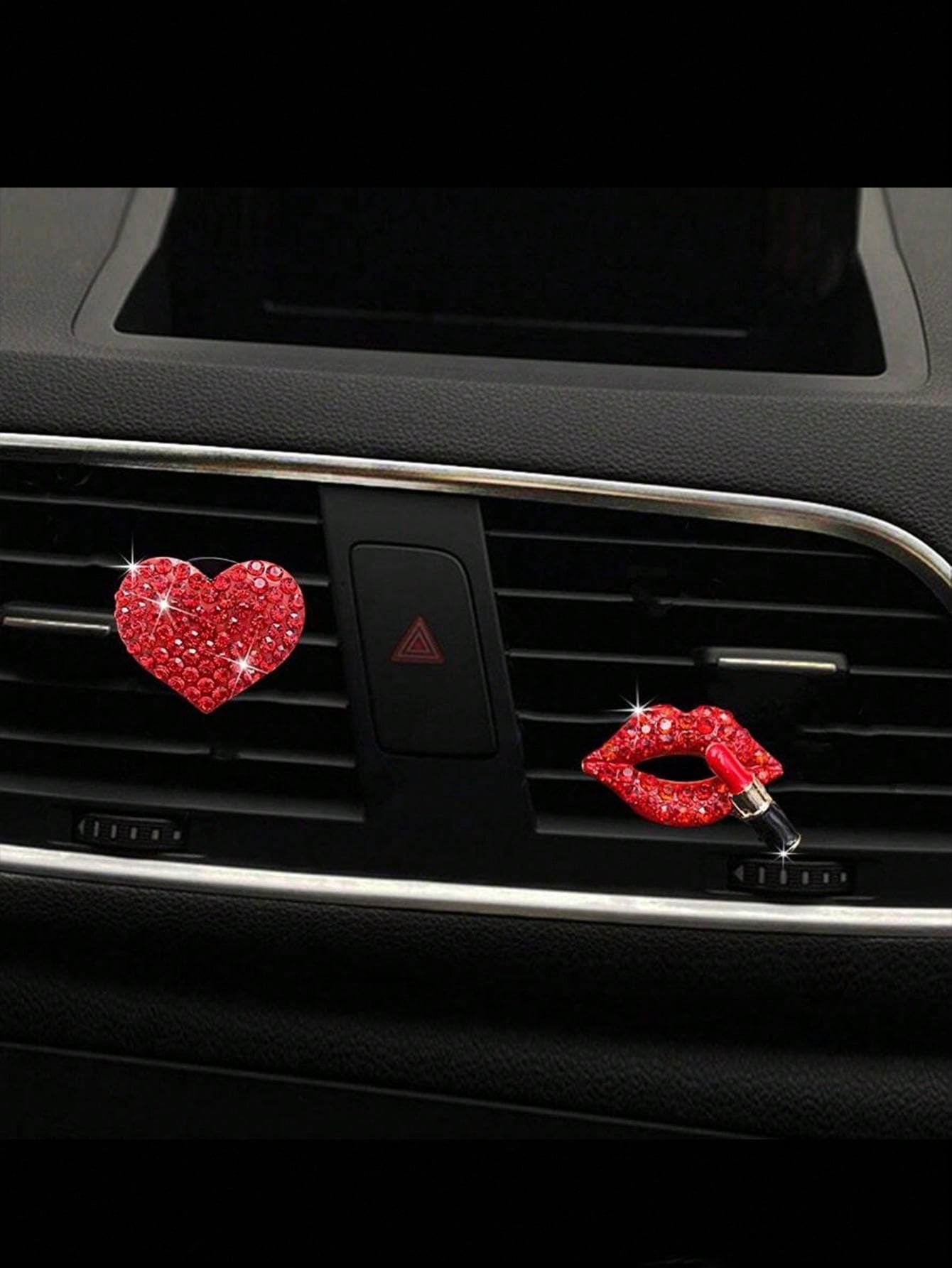 2pcs/Set Red Rhinestone Lips And Hearts Air Vent Clip For Car Decoration