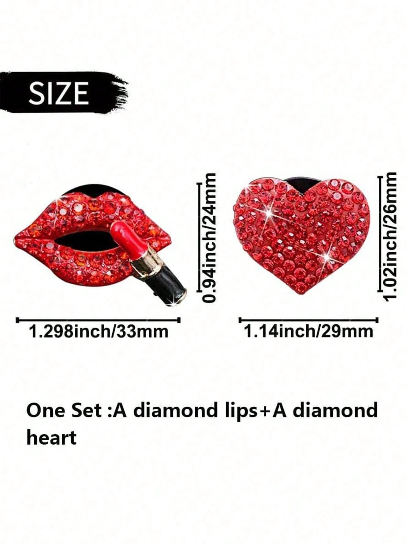 2pcs/Set Red Rhinestone Lips And Hearts Air Vent Clip For Car Decoration