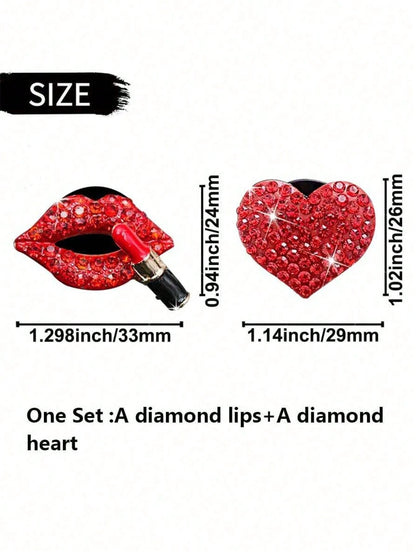 2pcs/Set Red Rhinestone Lips And Hearts Air Vent Clip For Car Decoration