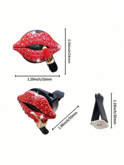 2pcs/Set Red Rhinestone Lips And Hearts Air Vent Clip For Car Decoration