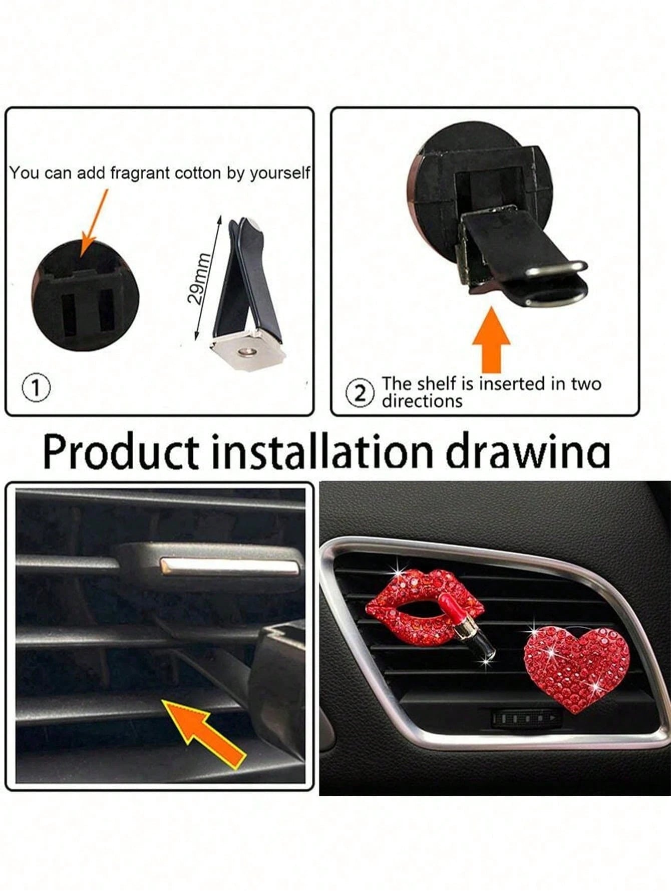2pcs/Set Red Rhinestone Lips And Hearts Air Vent Clip For Car Decoration