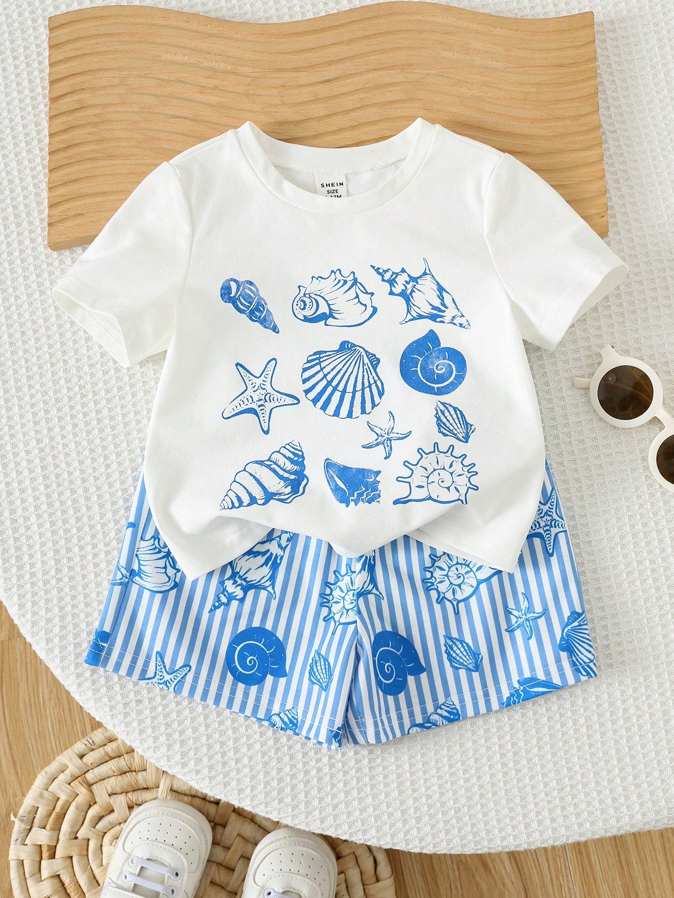 2pcs/Set Unisex Baby Boy/Girl Blue White Stripe Summer Casual Cute Shell Pattern Short Sleeve T-Shirt And Shorts Beach Holiday Toddler Clothes Outfit