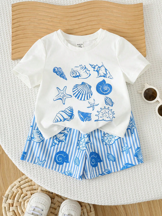 2pcs/Set Unisex Baby Boy/Girl Blue White Stripe Summer Casual Cute Shell Pattern Short Sleeve T-Shirt And Shorts Beach Holiday Toddler Clothes Outfit