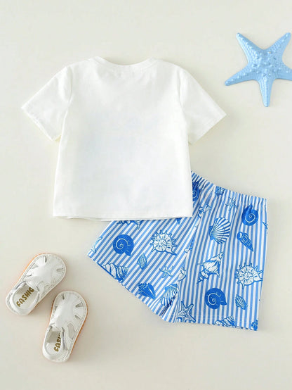 2pcs/Set Unisex Baby Boy/Girl Blue White Stripe Summer Casual Cute Shell Pattern Short Sleeve T-Shirt And Shorts Beach Holiday Toddler Clothes Outfit