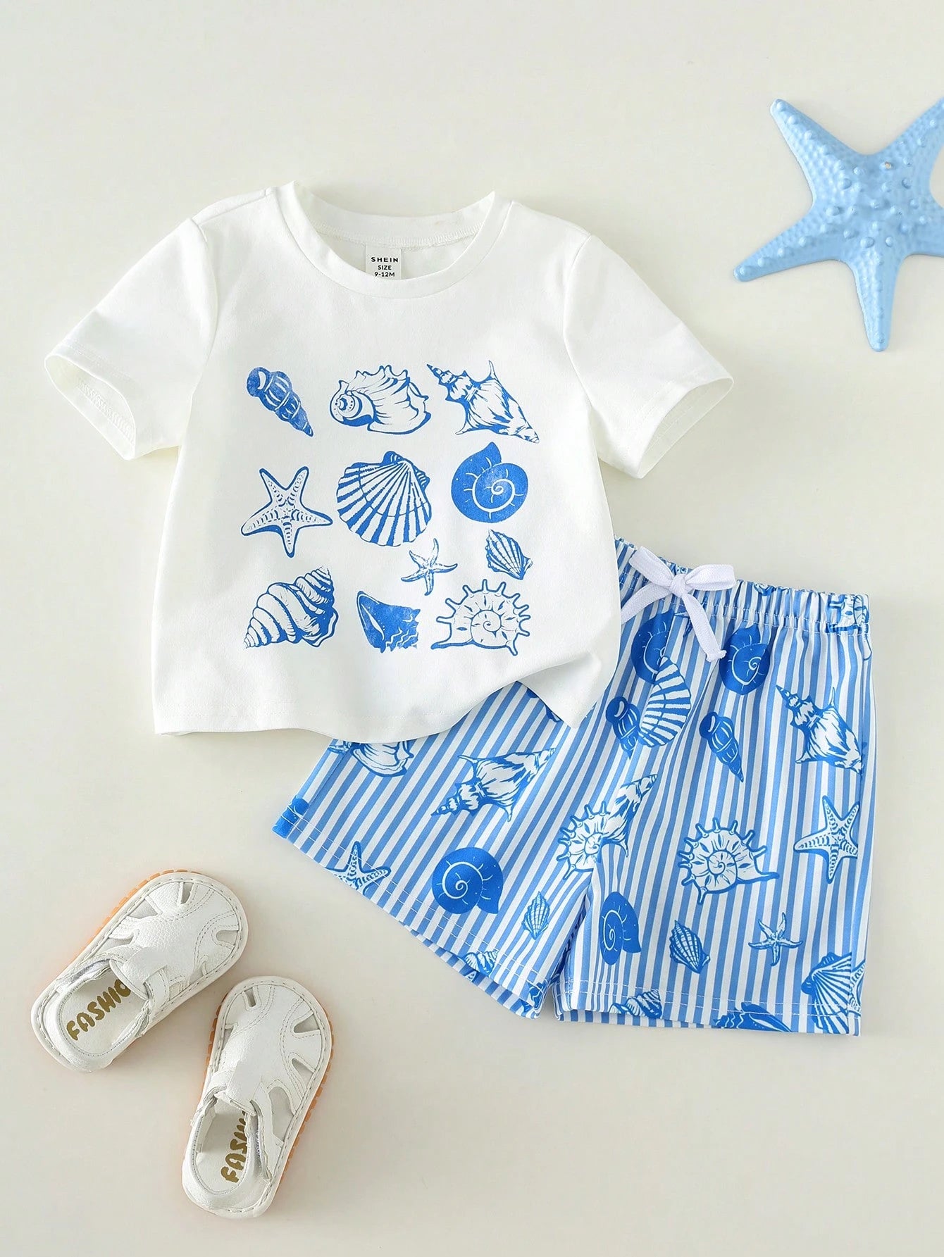2pcs/Set Unisex Baby Boy/Girl Blue White Stripe Summer Casual Cute Shell Pattern Short Sleeve T-Shirt And Shorts Beach Holiday Toddler Clothes Outfit