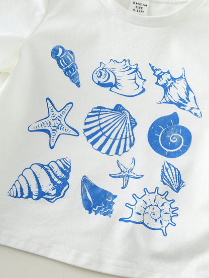 2pcs/Set Unisex Baby Boy/Girl Blue White Stripe Summer Casual Cute Shell Pattern Short Sleeve T-Shirt And Shorts Beach Holiday Toddler Clothes Outfit