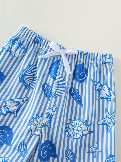2pcs/Set Unisex Baby Boy/Girl Blue White Stripe Summer Casual Cute Shell Pattern Short Sleeve T-Shirt And Shorts Beach Holiday Toddler Clothes Outfit