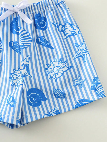 2pcs/Set Unisex Baby Boy/Girl Blue White Stripe Summer Casual Cute Shell Pattern Short Sleeve T-Shirt And Shorts Beach Holiday Toddler Clothes Outfit