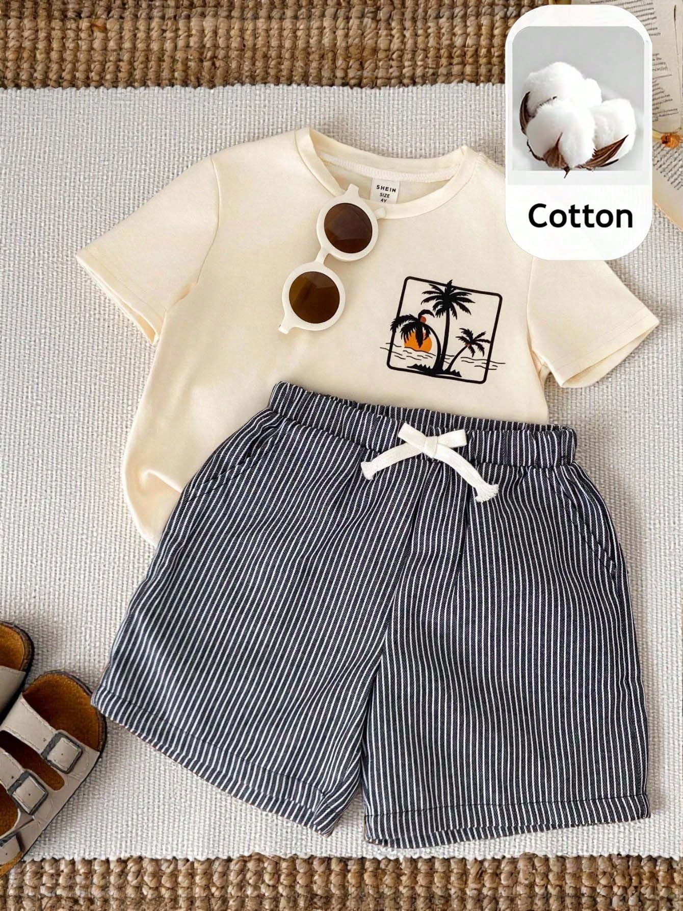 2pcs/Set Unisex Baby Boy/Girl Blue White Stripe Summer Casual Cute Shell Pattern Short Sleeve T-Shirt And Shorts Beach Holiday Toddler Clothes Outfit