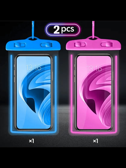 2pcs/Set Waterproof Luminous Touch Screen Phone Pouch, Suitable For Swimming, Beach, Diving, Photography, Rafting, Transparent Waterproof Phone Case