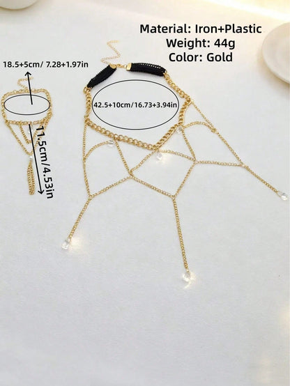 2pcs Sexy Rhinestone Tassel Lace Leg Chain & Finger Hand Chain Set, For Women Party, Beach, Holiday