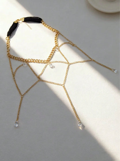 2pcs Sexy Rhinestone Tassel Lace Leg Chain & Finger Hand Chain Set, For Women Party, Beach, Holiday