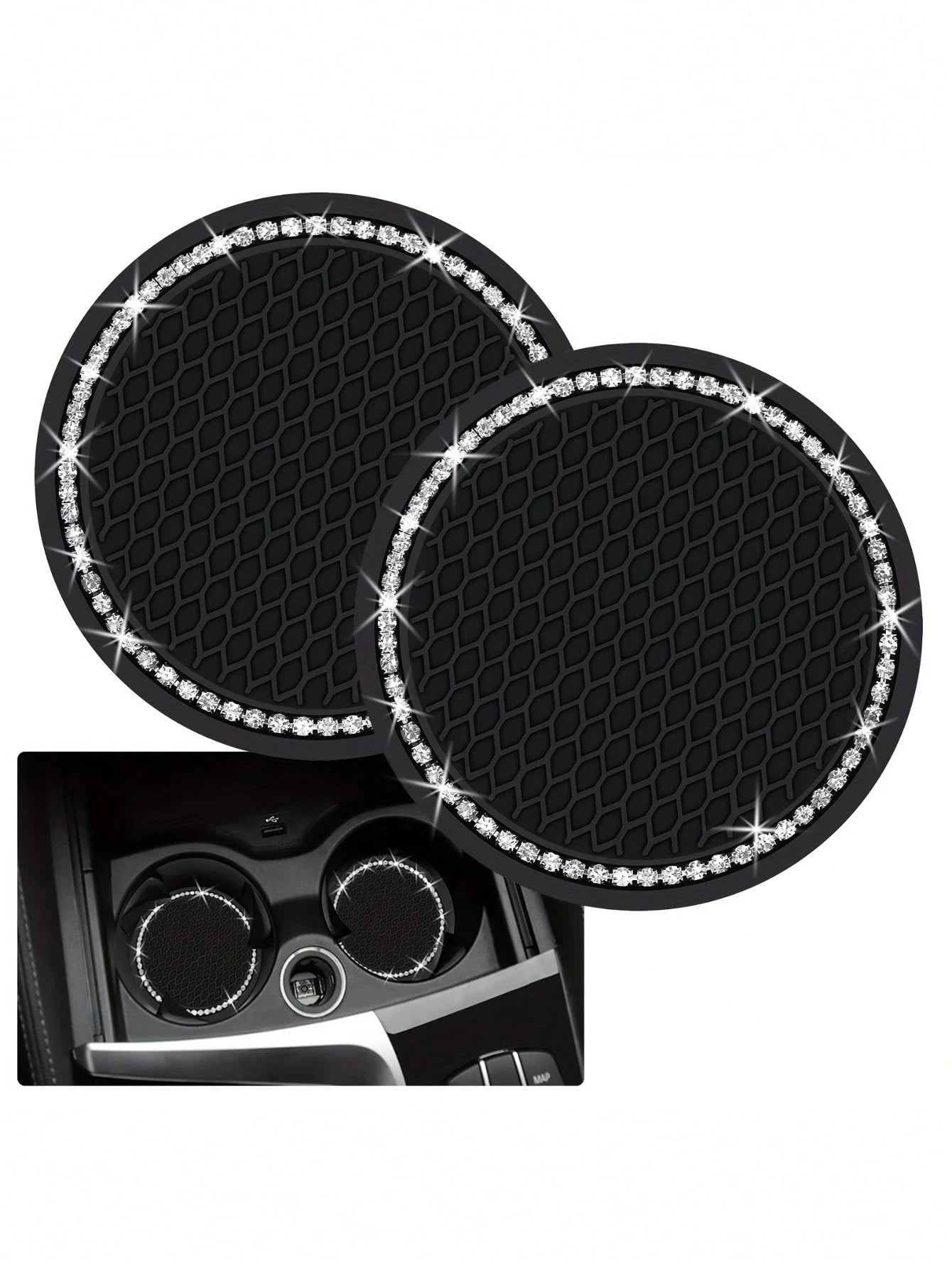 2pcs Shiny Black Silicone Car Cup Holders, Crystal Rhinestone Edged- 2.75 Inch Non-Slip, Fits Vehicle Cup Holders, Fashion Accessories For Women And Girls, Car Cup Mats