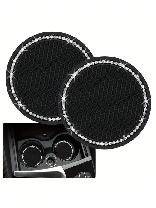 2pcs Shiny Black Silicone Car Cup Holders, Crystal Rhinestone Edged- 2.75 Inch Non-Slip, Fits Vehicle Cup Holders, Fashion Accessories For Women And Girls, Car Cup Mats