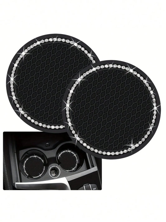 2pcs Shiny Black Silicone Car Cup Holders, Crystal Rhinestone Edged- 2.75 Inch Non-Slip, Fits Vehicle Cup Holders, Fashion Accessories For Women And Girls, Car Cup Mats