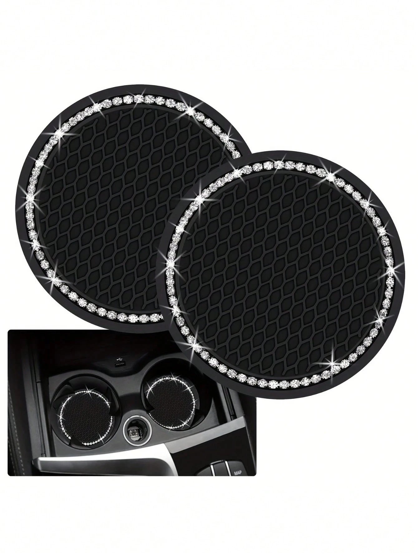2pcs Shiny Black Silicone Car Cup Holders, Crystal Rhinestone Edged- 2.75 Inch Non-Slip, Fits Vehicle Cup Holders, Fashion Accessories For Women And Girls, Car Cup Mats