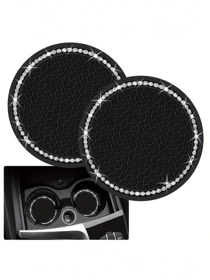 2pcs Shiny Black Silicone Car Cup Holders, Crystal Rhinestone Edged- 2.75 Inch Non-Slip, Fits Vehicle Cup Holders, Fashion Accessories For Women And Girls, Car Cup Mats