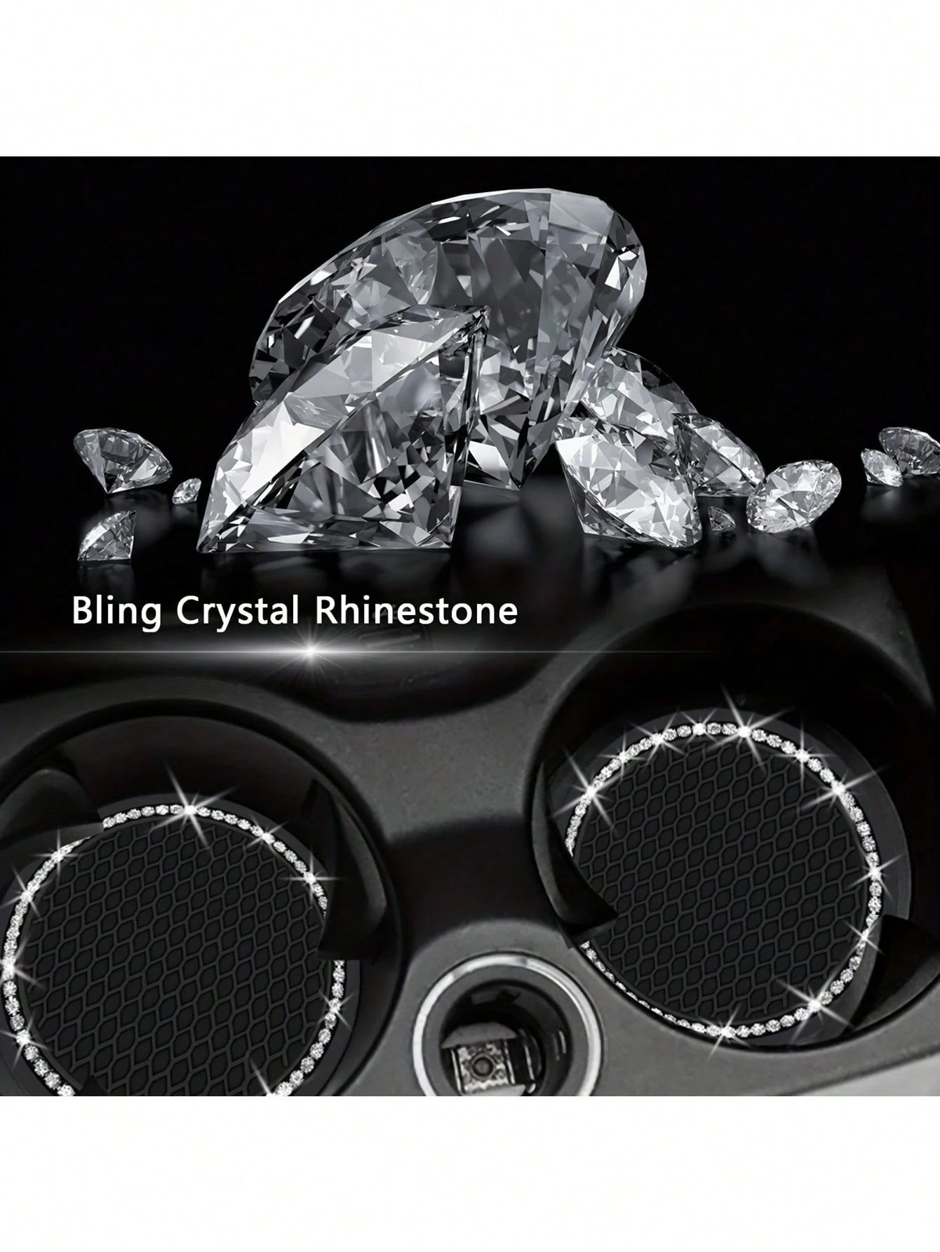 2pcs Shiny Black Silicone Car Cup Holders, Crystal Rhinestone Edged- 2.75 Inch Non-Slip, Fits Vehicle Cup Holders, Fashion Accessories For Women And Girls, Car Cup Mats
