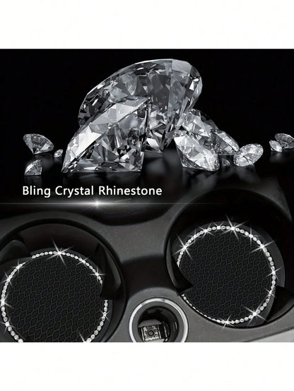 2pcs Shiny Black Silicone Car Cup Holders, Crystal Rhinestone Edged- 2.75 Inch Non-Slip, Fits Vehicle Cup Holders, Fashion Accessories For Women And Girls, Car Cup Mats