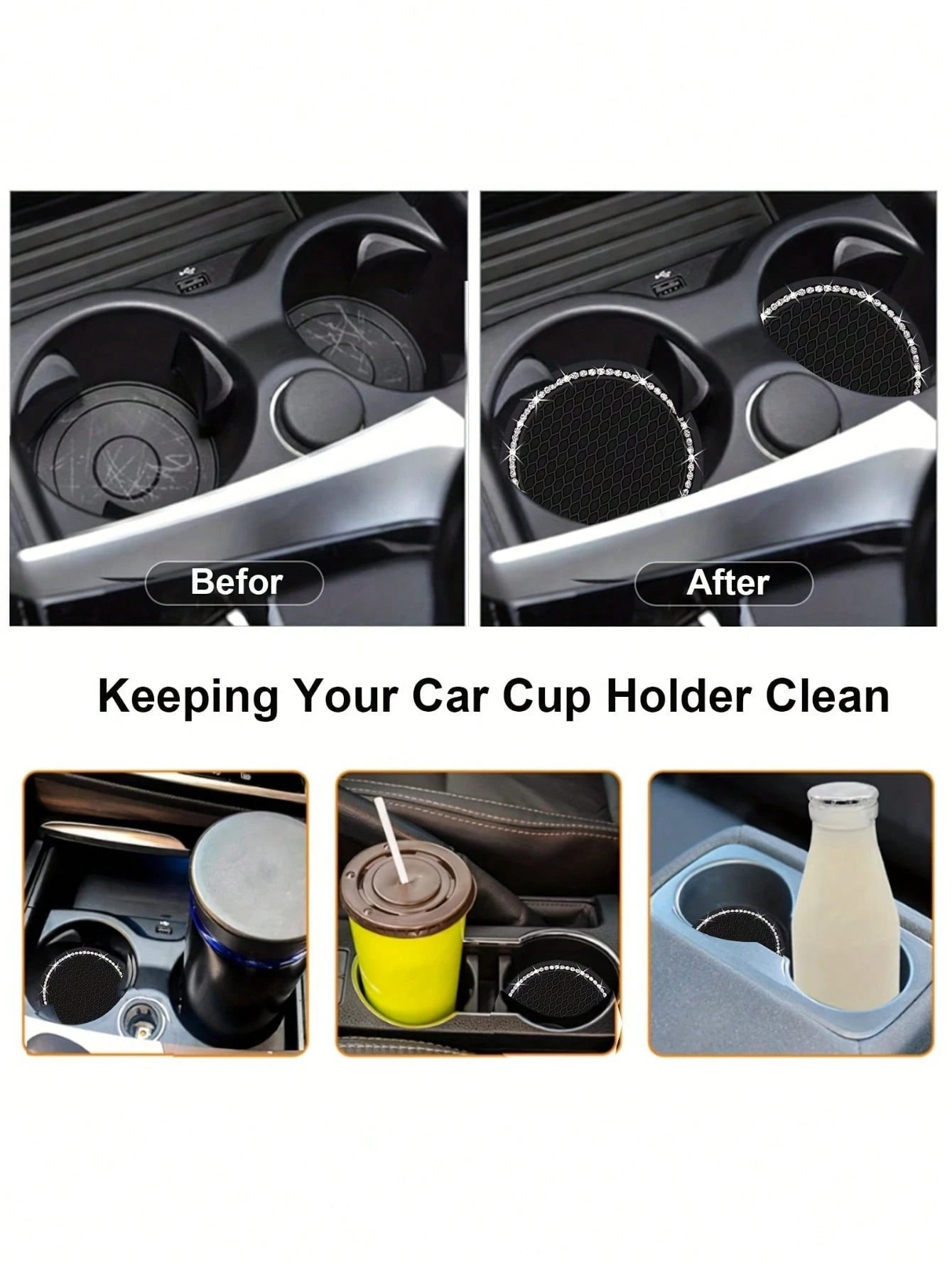 2pcs Shiny Black Silicone Car Cup Holders, Crystal Rhinestone Edged- 2.75 Inch Non-Slip, Fits Vehicle Cup Holders, Fashion Accessories For Women And Girls, Car Cup Mats